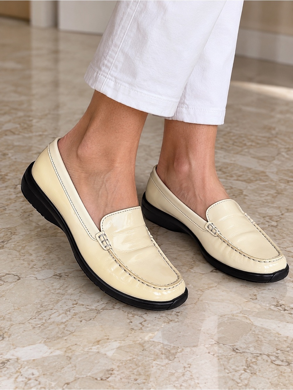 Todโs Ivory/Pale Yellow Patent Leather Penny Loafers Black Rubber Soles